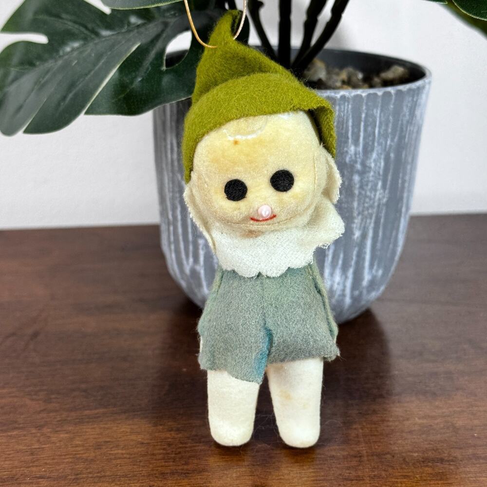 Vintage Felt Elf Pixie Christmas Ornament Green Hat Mid Century Japan 4"